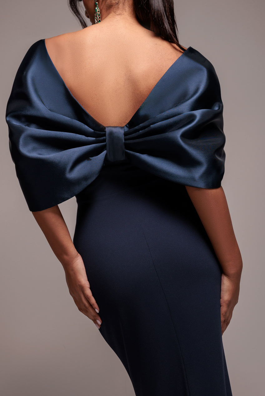 Off Shoulder Back Satin Bow Scuba Maxi Dress - Navy Blue DR4708