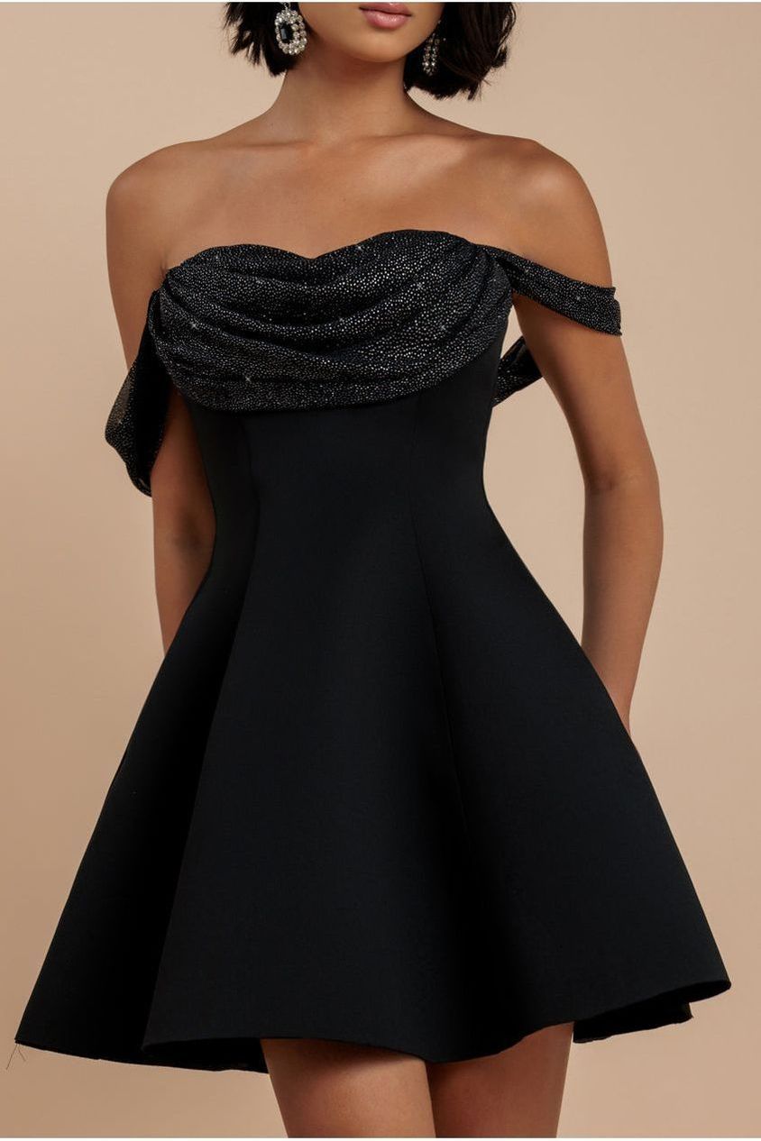 Sparkle Chiffon Cowl Bardot Skater Mini Dress - Black DR4709