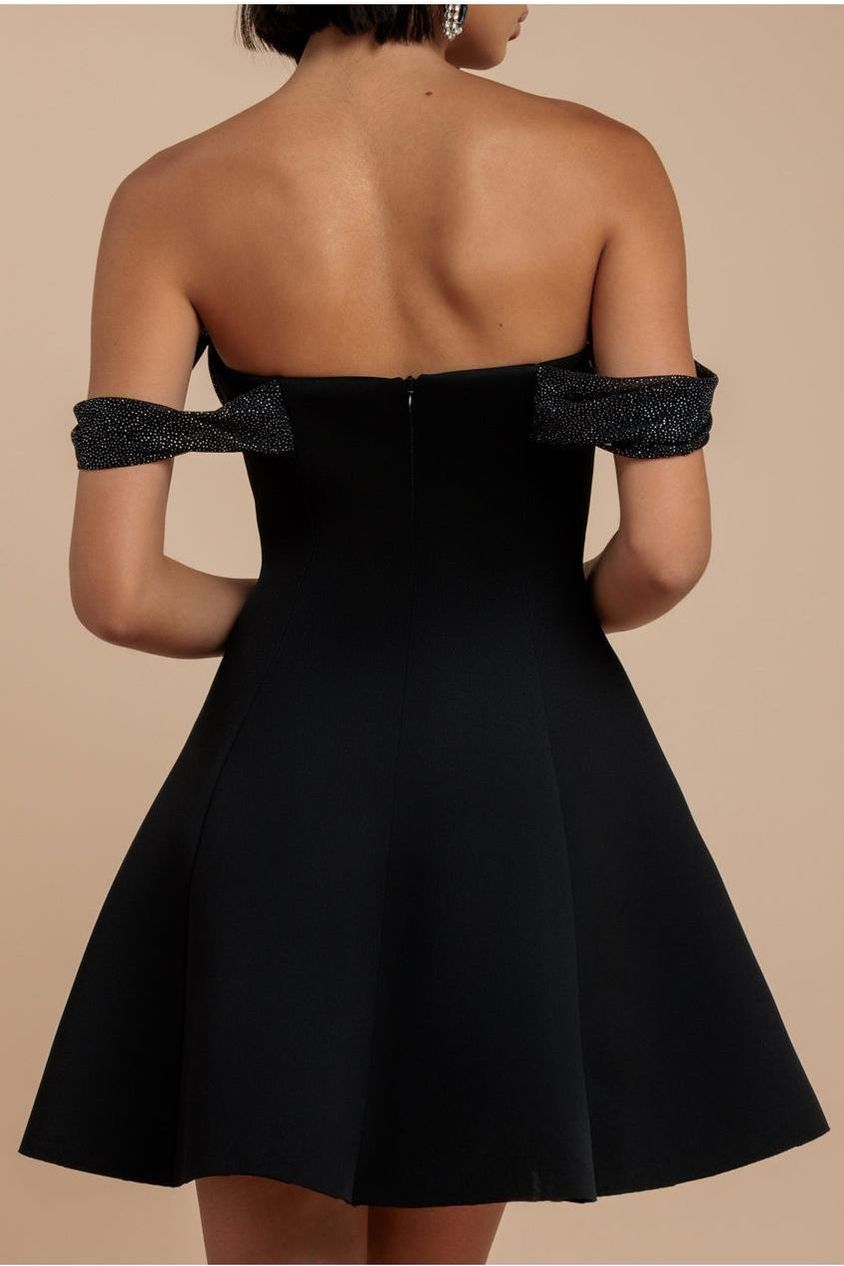 Sparkle Chiffon Cowl Bardot Skater Mini Dress - Black DR4709