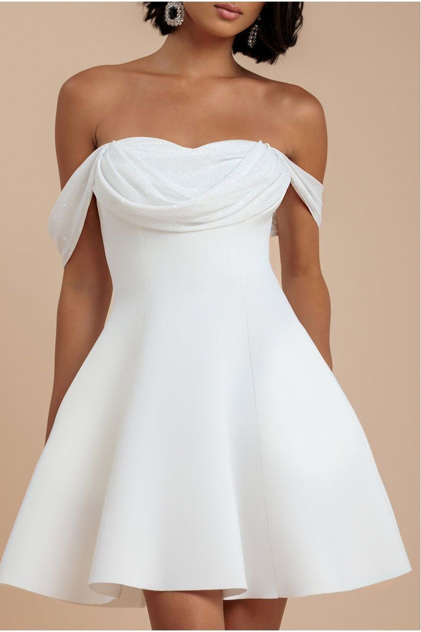 Sparkle Chiffon Cowl Bardot Skater Mini Dress - Cream DR4709