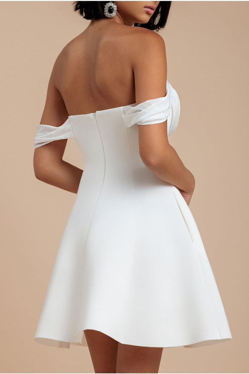 Sparkle Chiffon Cowl Bardot Skater Mini Dress - Cream DR4709