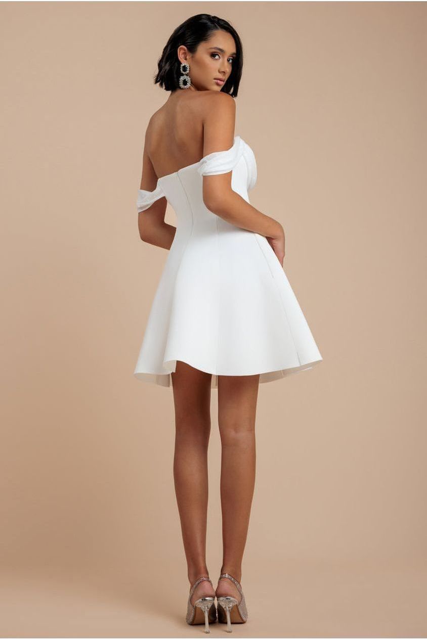 Sparkle Chiffon Cowl Bardot Skater Mini Dress - Cream DR4709