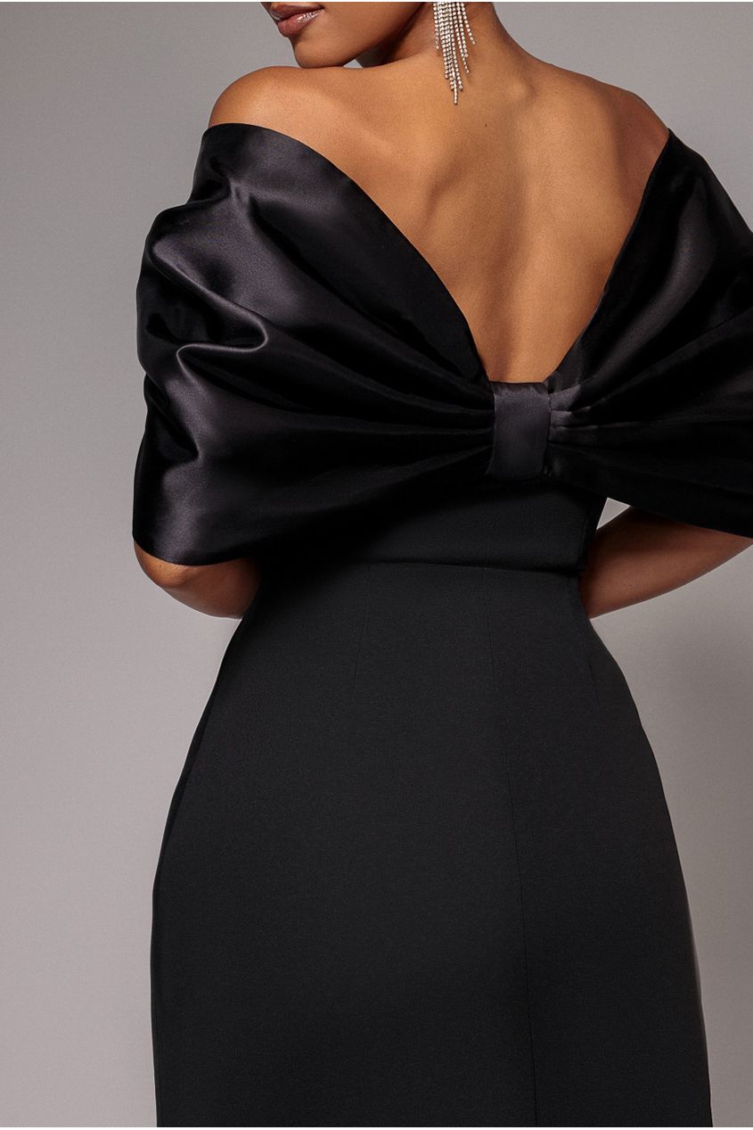 Off Shoulder Back Satin Bow Scuba Mini Dress - Black DR4713