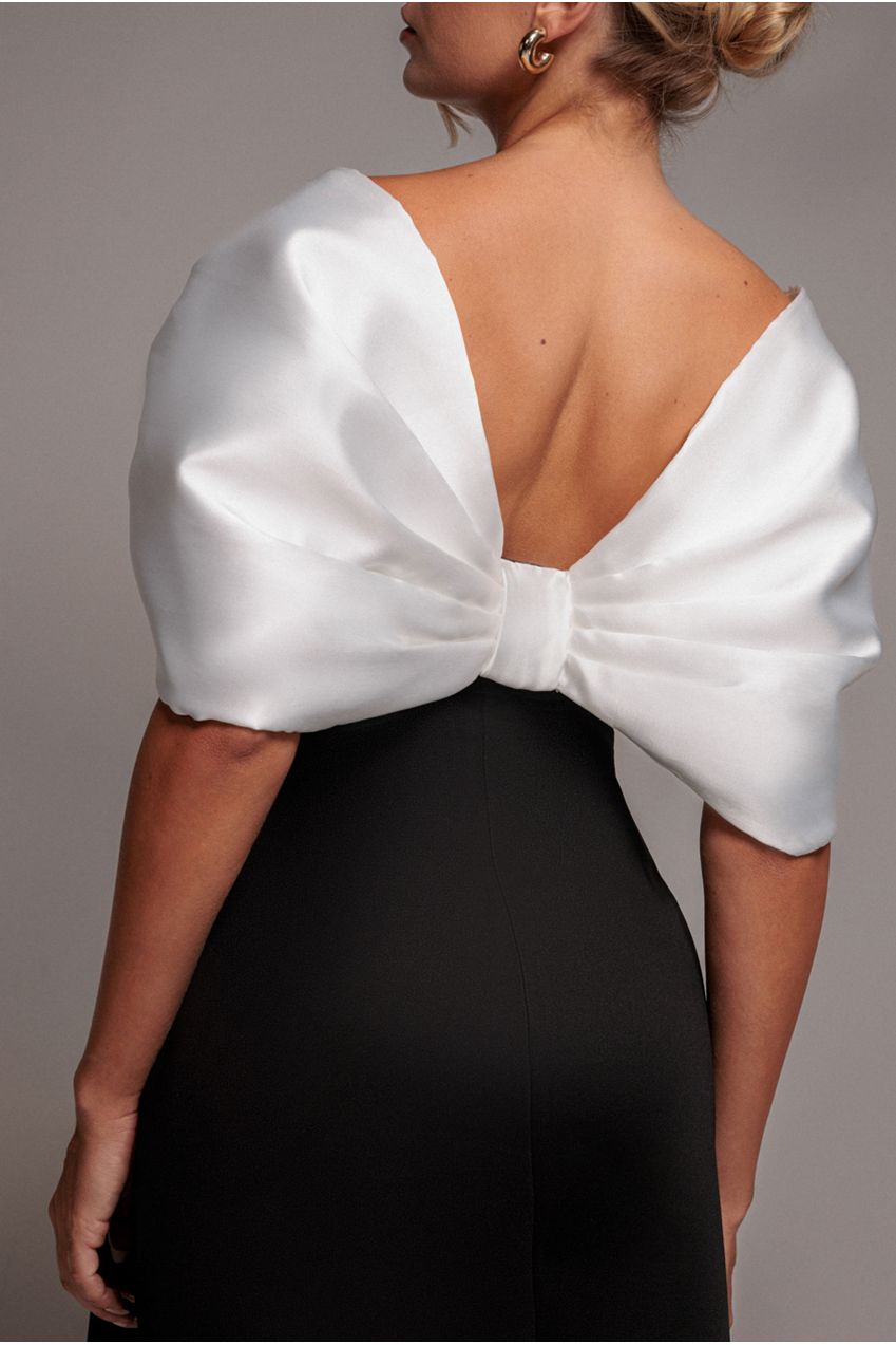 Contrast Off Shoulder Back Satin Bow Scuba Mini Dress - Black Cream DR4713CONTRAST