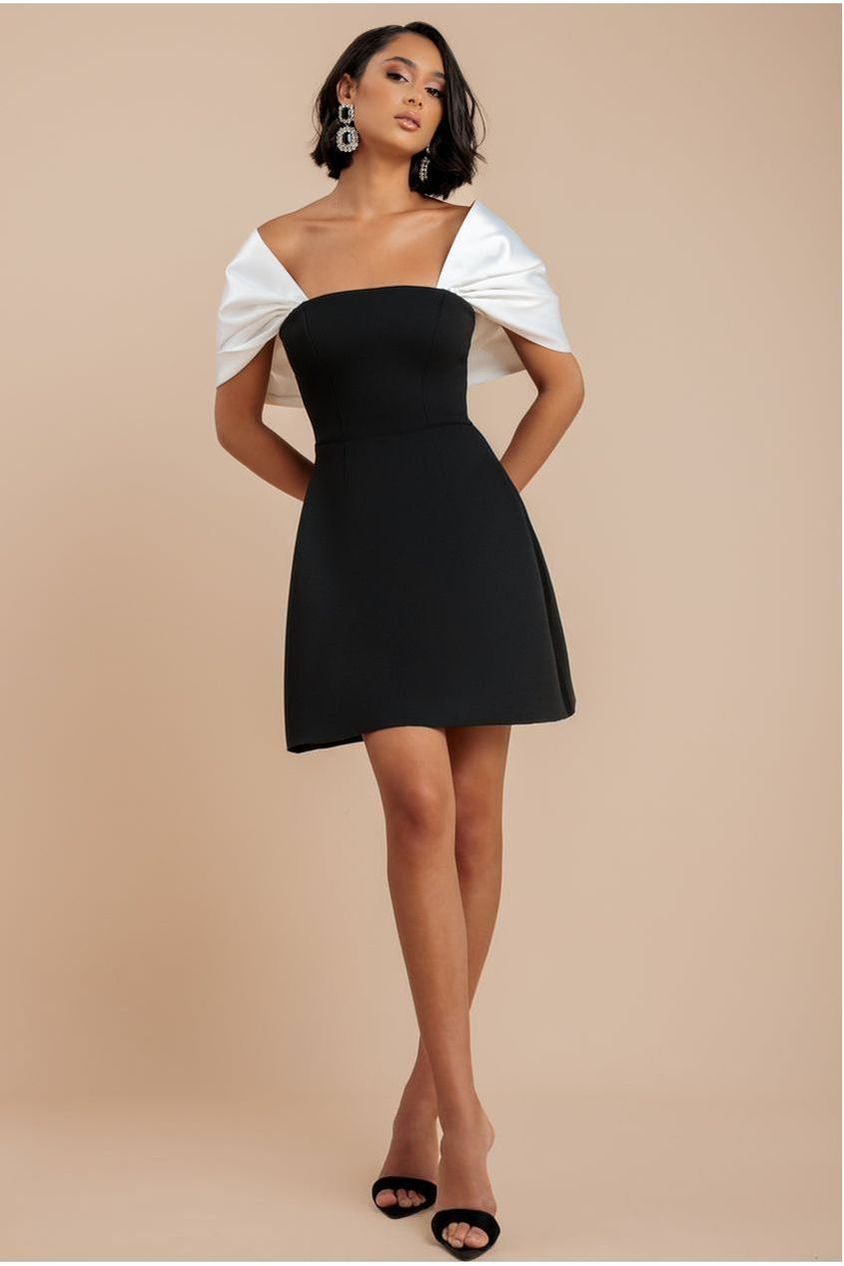 Contrast Off Shoulder Back Satin Bow Scuba Mini Dress - Black Cream DR4713CONTRAST