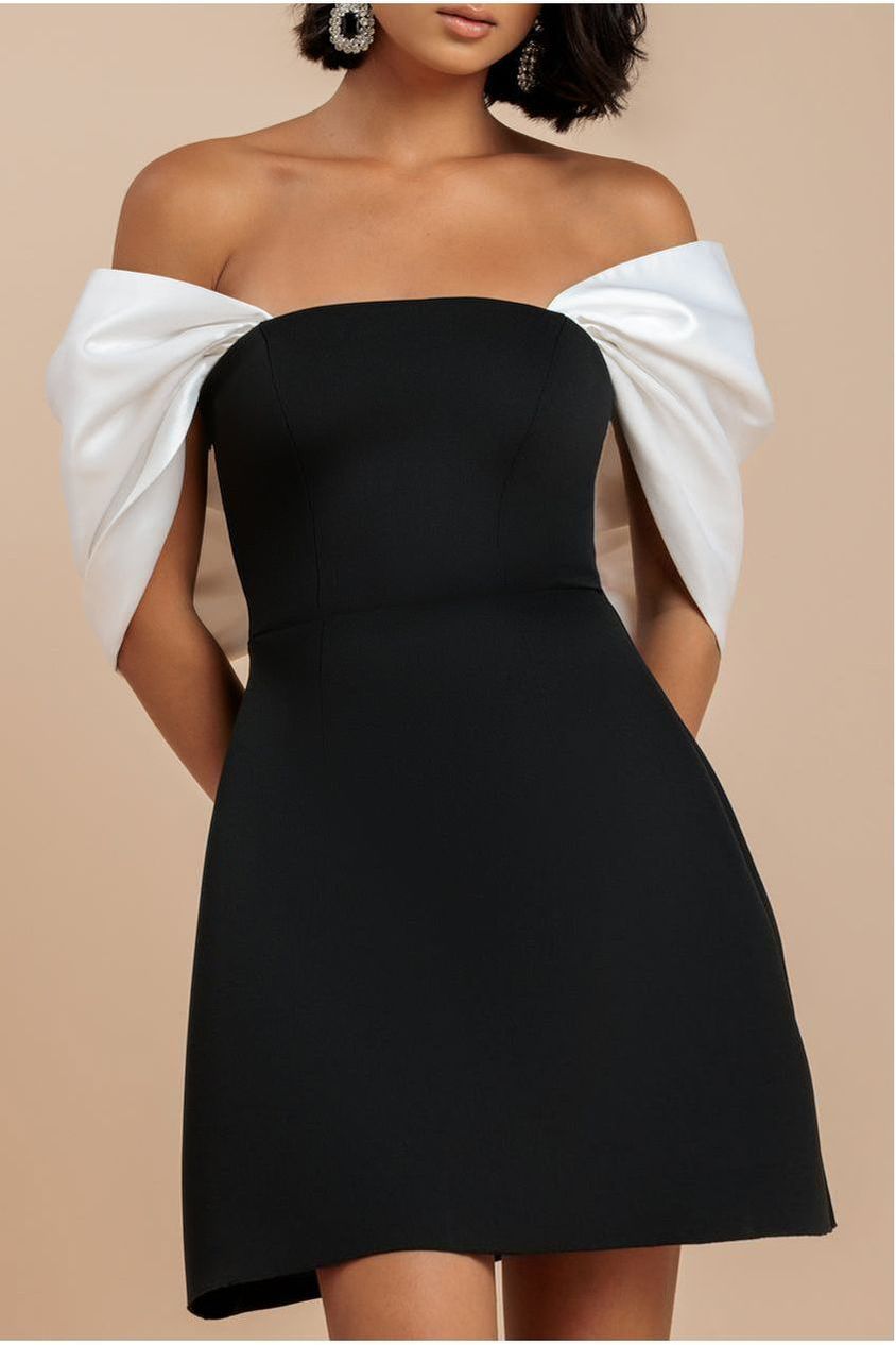 Contrast Off Shoulder Back Satin Bow Scuba Mini Dress - Black Cream DR4713CONTRAST