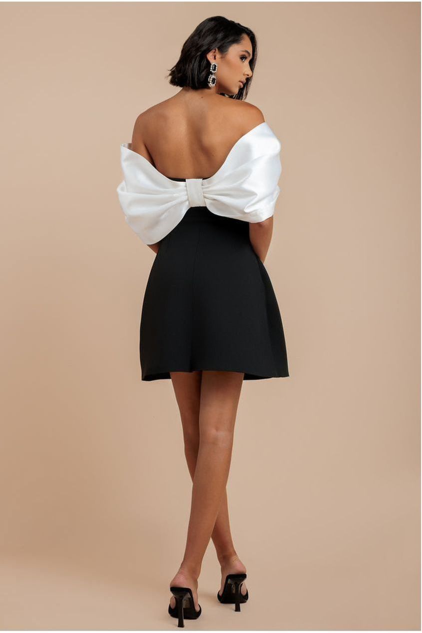 Contrast Off Shoulder Back Satin Bow Scuba Mini Dress - Black Cream DR4713CONTRAST