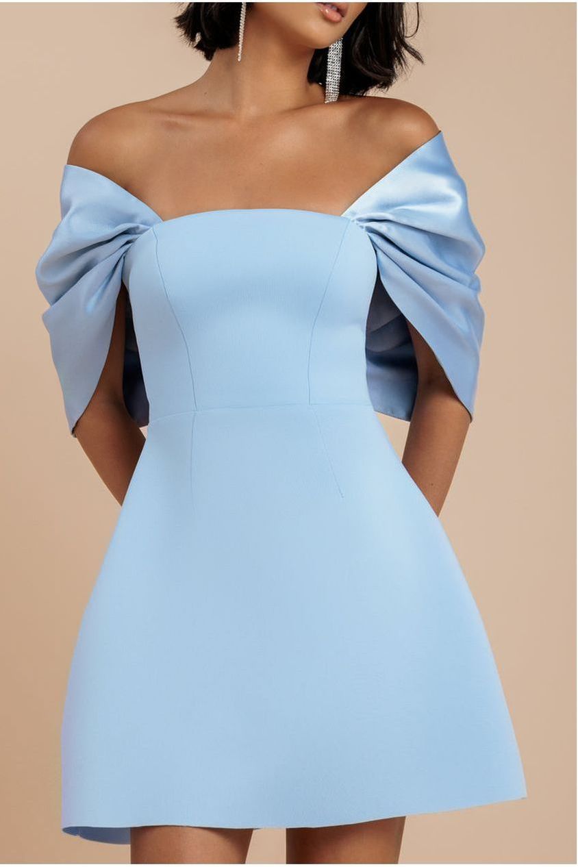 Off Shoulder Back Satin Bow Scuba Mini Dress - Light Blue DR4713