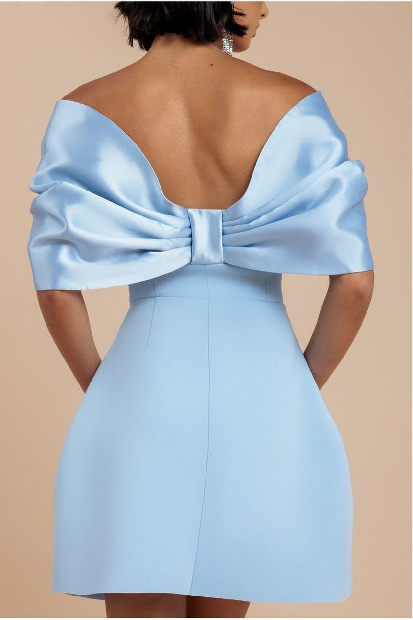 Off Shoulder Back Satin Bow Scuba Mini Dress - Light Blue DR4713