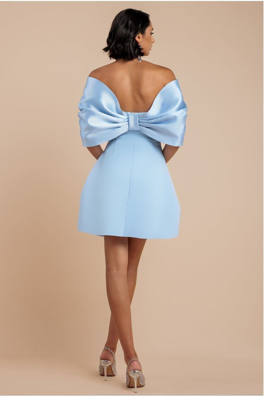 Off Shoulder Back Satin Bow Scuba Mini Dress - Light Blue DR4713
