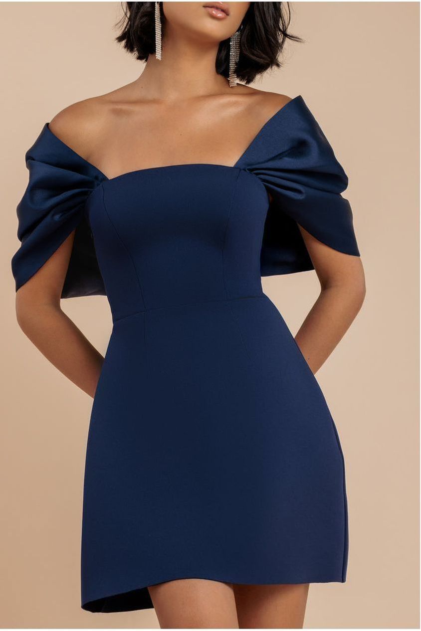 Off Shoulder Back Satin Bow Scuba Mini Dress - Navy Blue DR4713