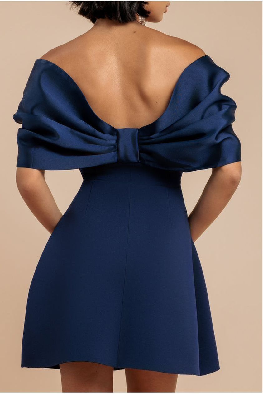 Off Shoulder Back Satin Bow Scuba Mini Dress - Navy Blue DR4713