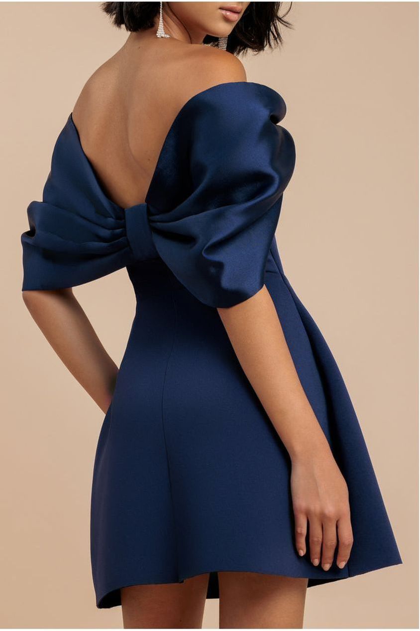 Off Shoulder Back Satin Bow Scuba Mini Dress - Navy Blue DR4713