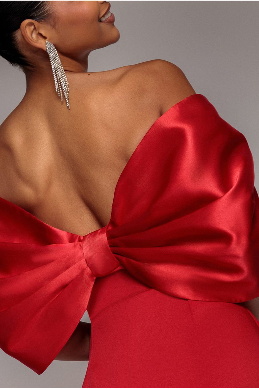Off Shoulder Back Satin Bow Scuba Mini Dress - Red DR4713