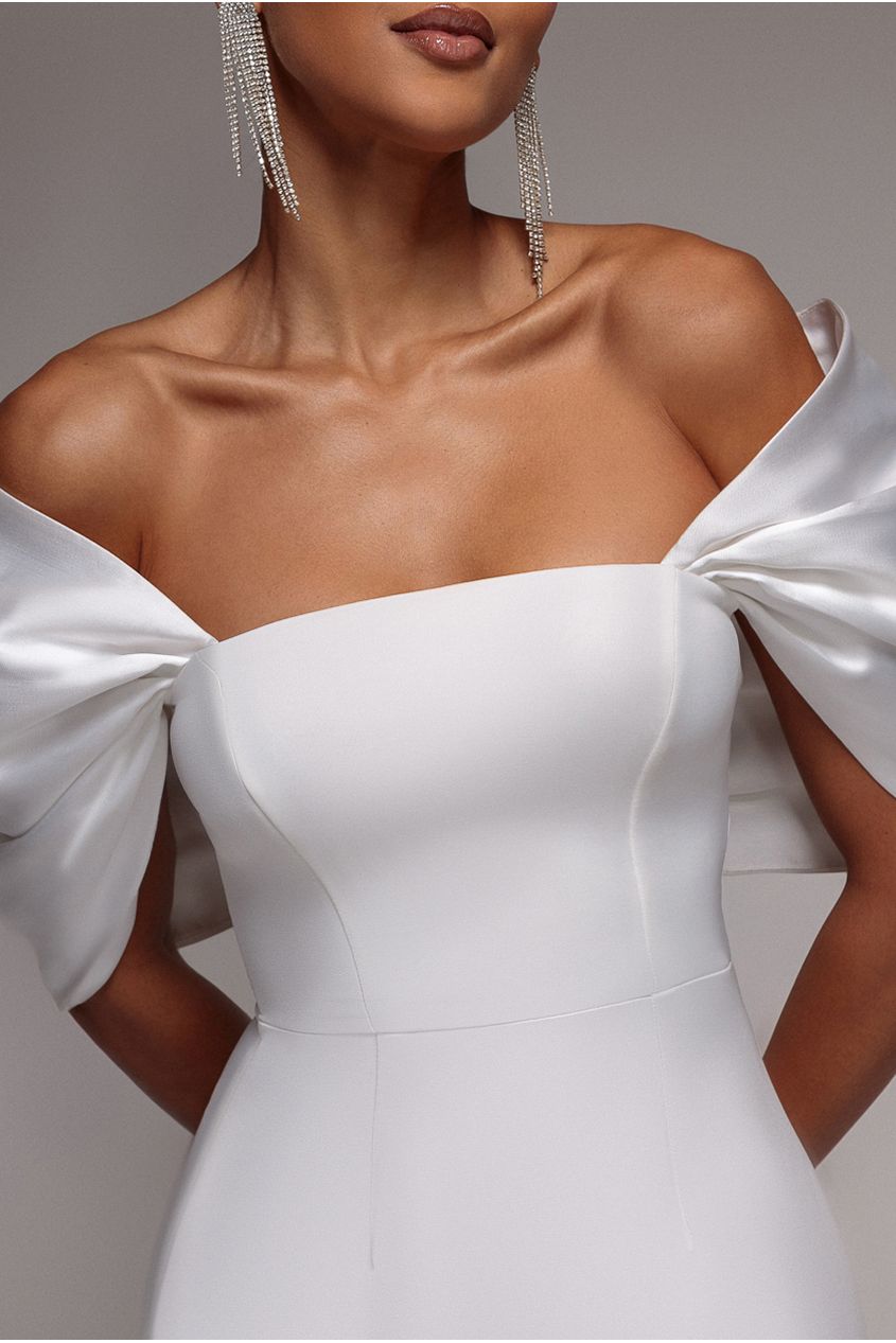 Off Shoulder Back Satin Bow Scuba Mini Dress - White DR4713