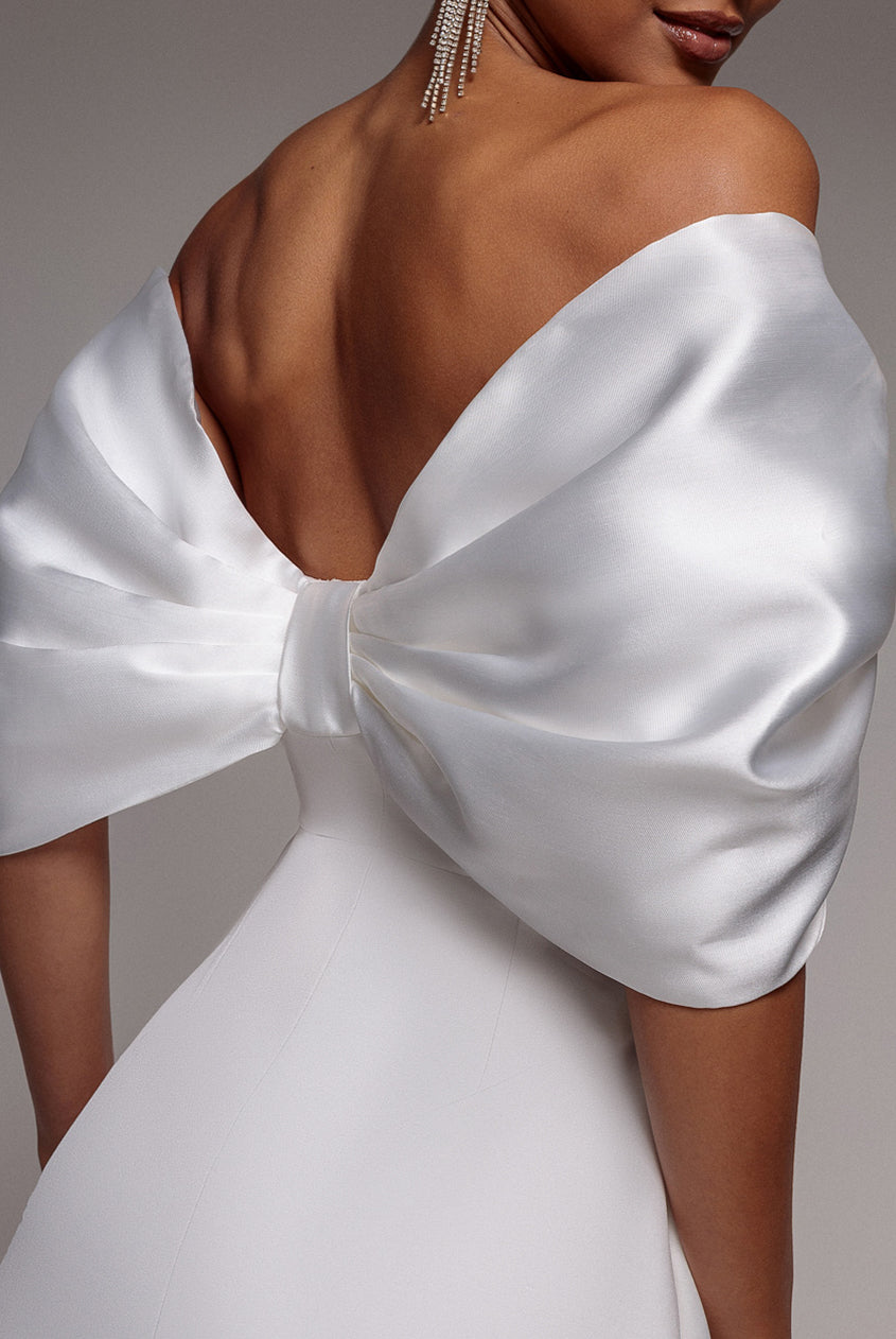 Off Shoulder Back Satin Bow Scuba Mini Dress - White DR4713