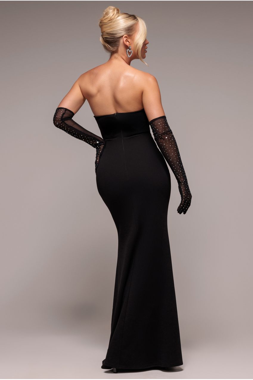 Strapless Super Plunge Diamante Neck Maxi Dress - Black DR4716