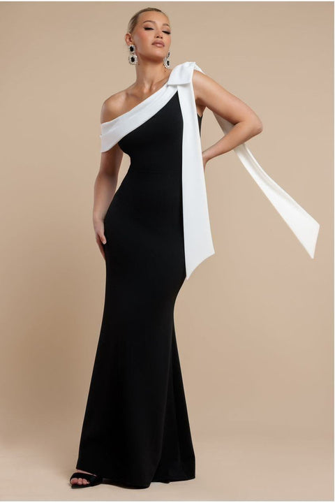 One Shoulder Contrast Bow Maxi Dress - Black Cream by Goddiva