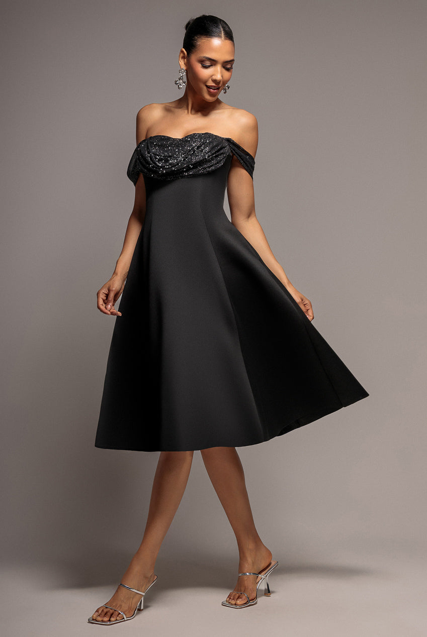 Sparkle Chiffon Cowl Bardot Skater Midi Dress - Black DR4721