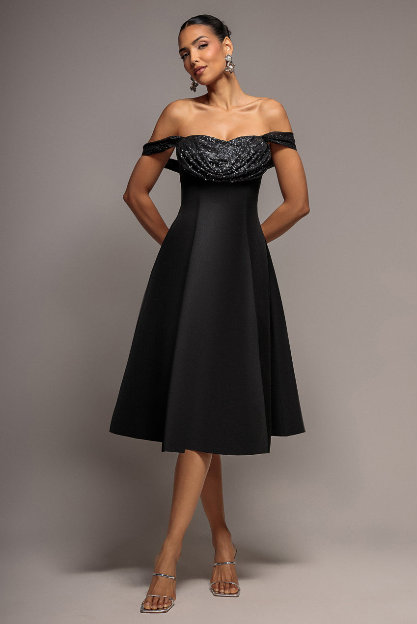 Sparkle Chiffon Cowl Bardot Skater Midi Dress - Black DR4721