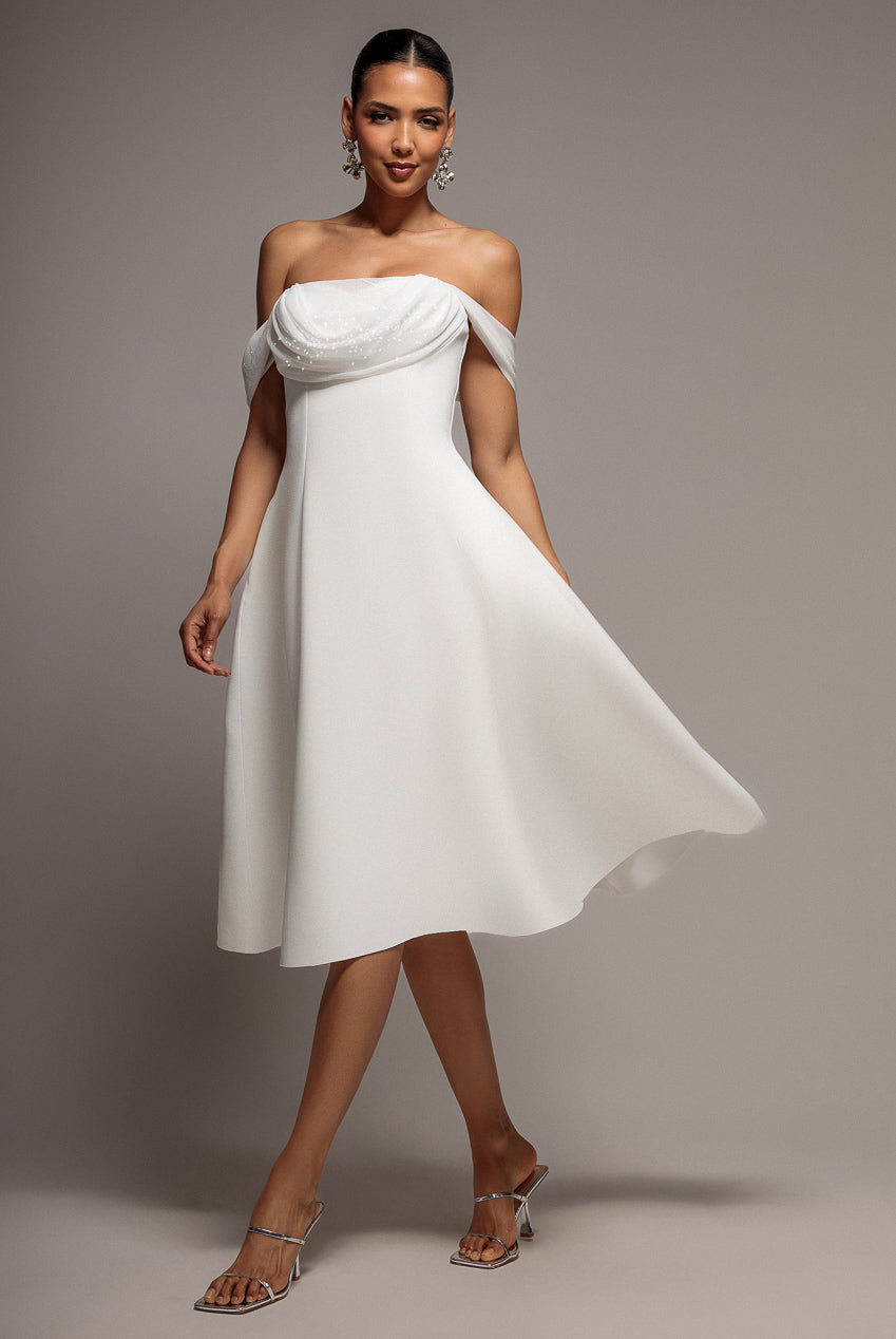 Sparkle Chiffon Cowl Bardot Skater Midi Dress - Cream DR4721