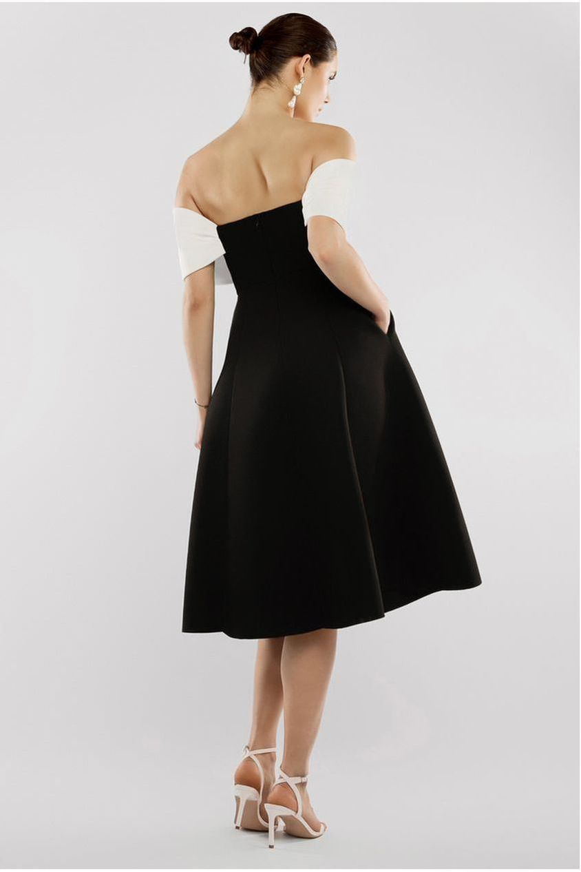 Bow Off The Shoulder A Line Midi Dress - Black Cream DR4730CONTRAST