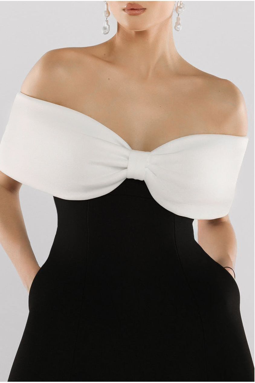 Bow Off The Shoulder A Line Midi Dress - Black Cream DR4730CONTRAST