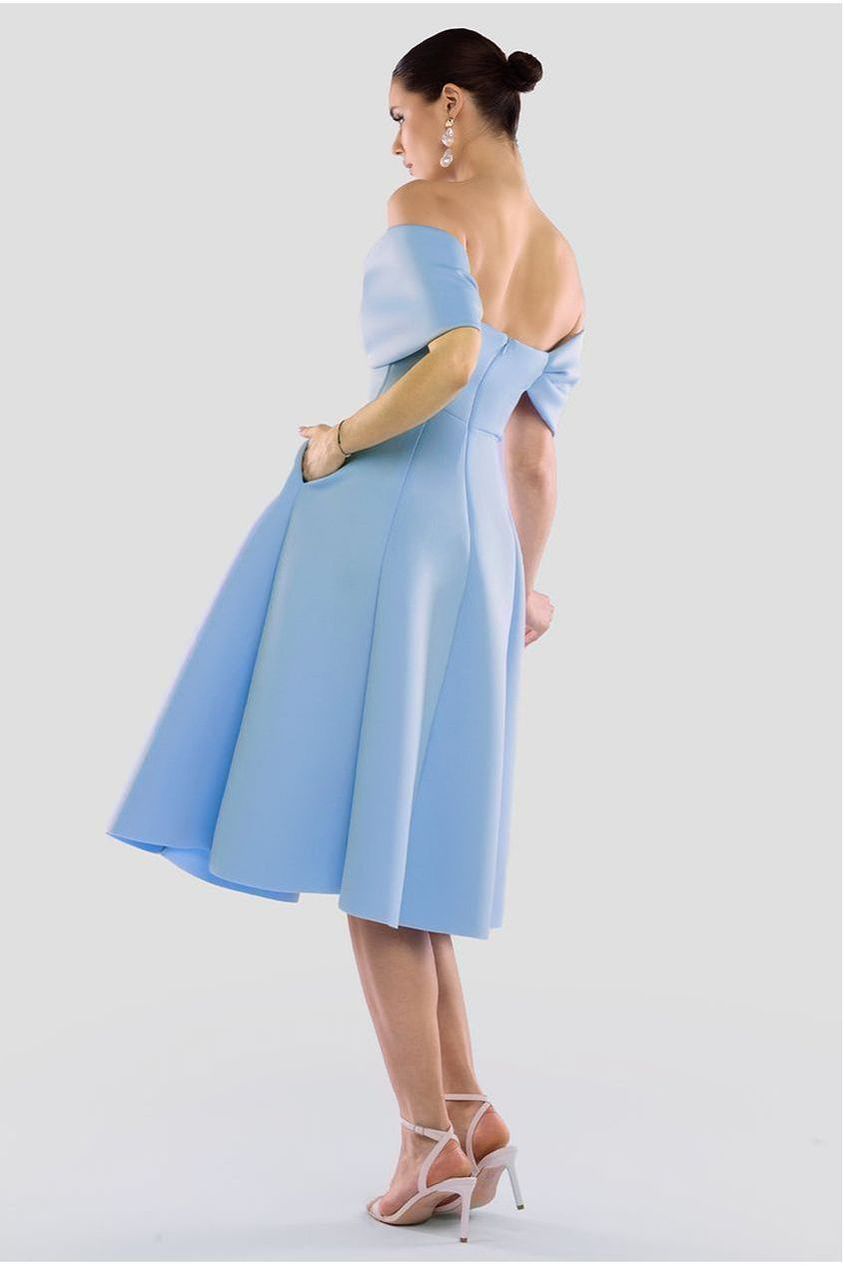 Bow Off The Shoulder A Line Midi Dress - Baby Blue DR4730