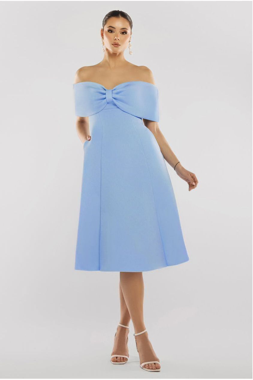 Bow Off The Shoulder A Line Midi Dress - Baby Blue DR4730