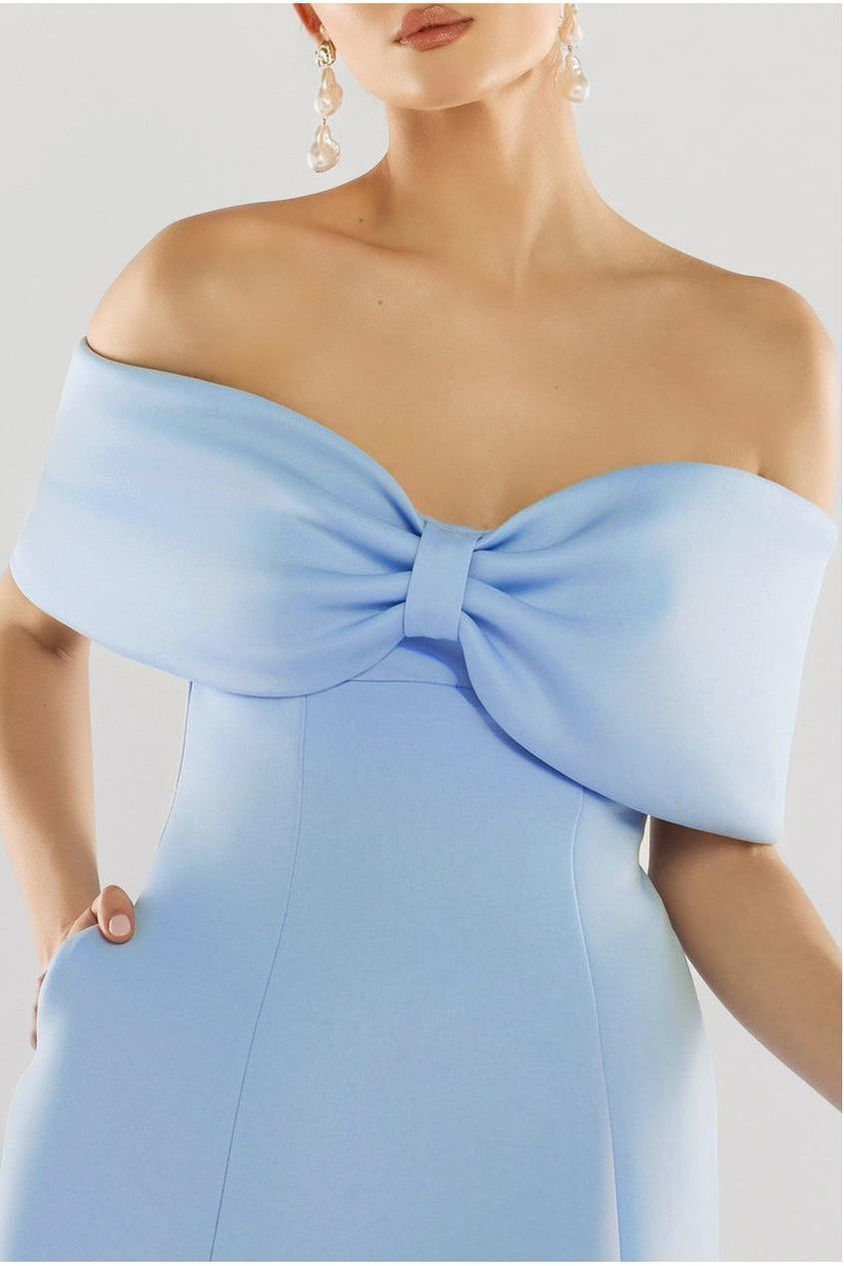 Bow Off The Shoulder A Line Midi Dress - Baby Blue DR4730