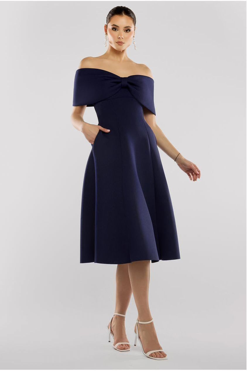 Bow Off The Shoulder A Line Midi Dress - Navy Blue DR4730