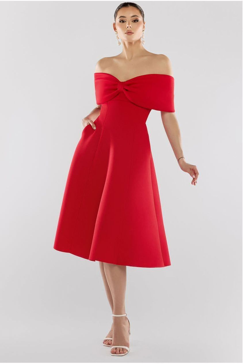Bow Off The Shoulder A Line Midi Dress - Red DR4730
