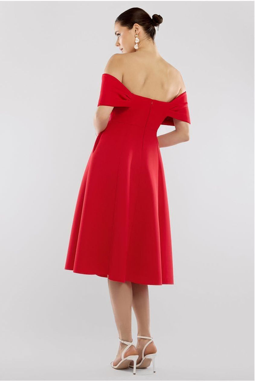 Bow Off The Shoulder A Line Midi Dress - Red DR4730