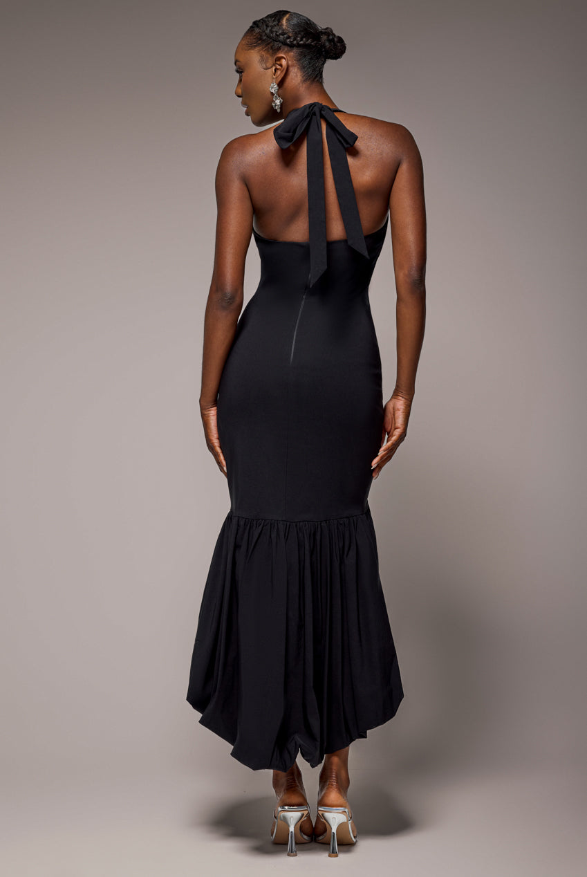 Halter Neck Puff Hem Mermaid Midaxi Dress - Black DR4747