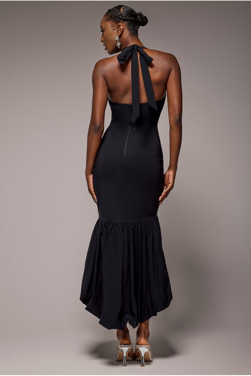 Halter Neck Puff Hem Mermaid Midaxi Dress - Black DR4747