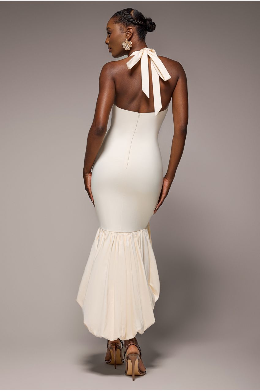 Halter Neck Puff Hem Mermaid Midaxi Dress - Cream DR4747