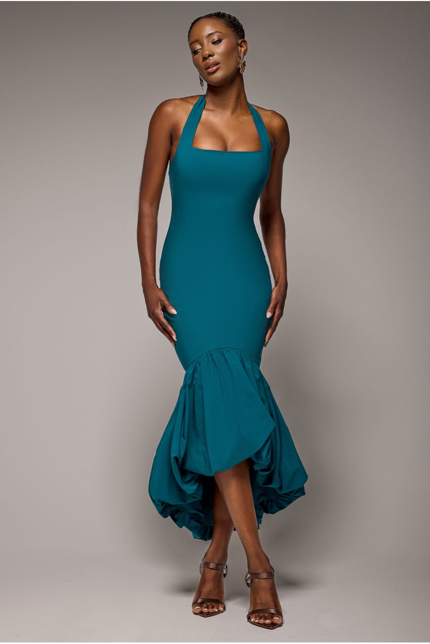 Halter Neck Puff Hem Mermaid Midaxi Dress - Emerald Green DR4747