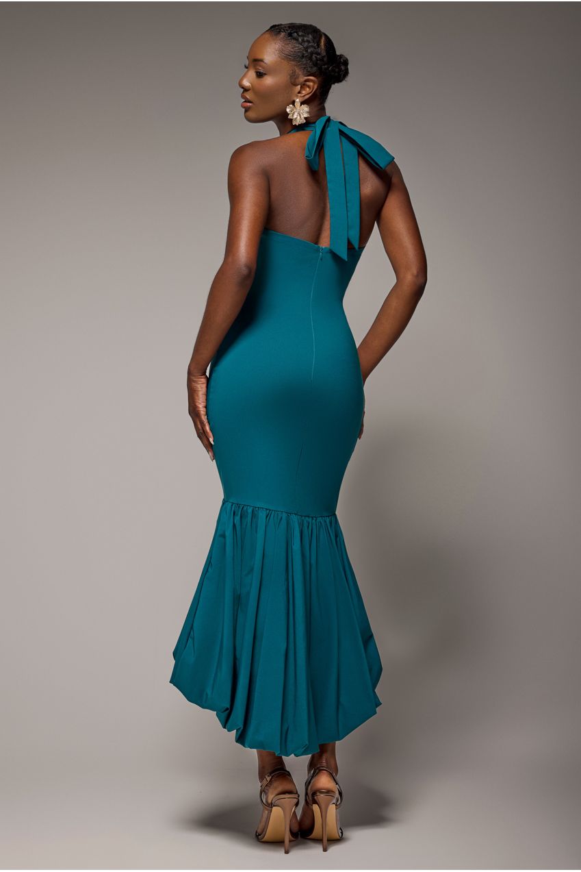 Halter Neck Puff Hem Mermaid Midaxi Dress - Emerald Green DR4747