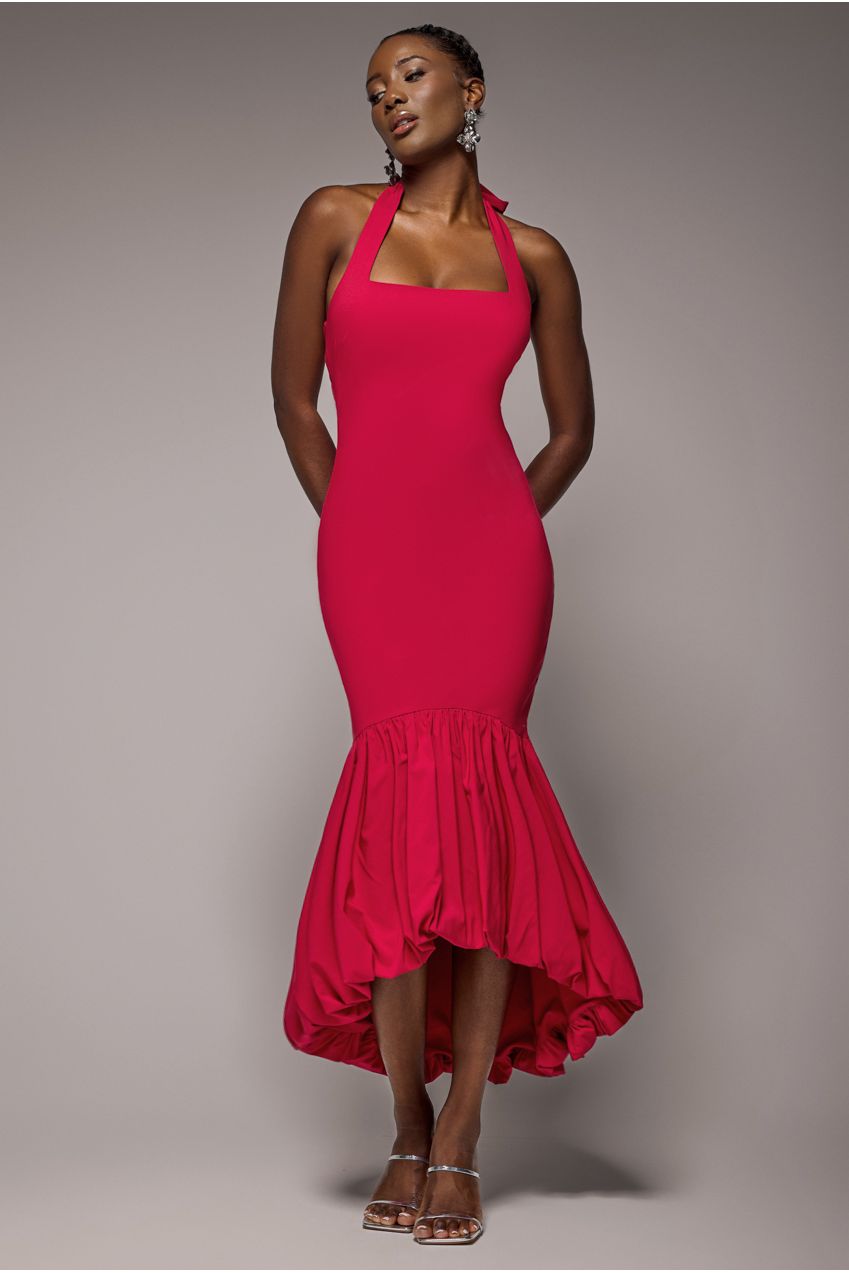 Halter Neck Puff Hem Mermaid Midaxi Dress - Red DR4747