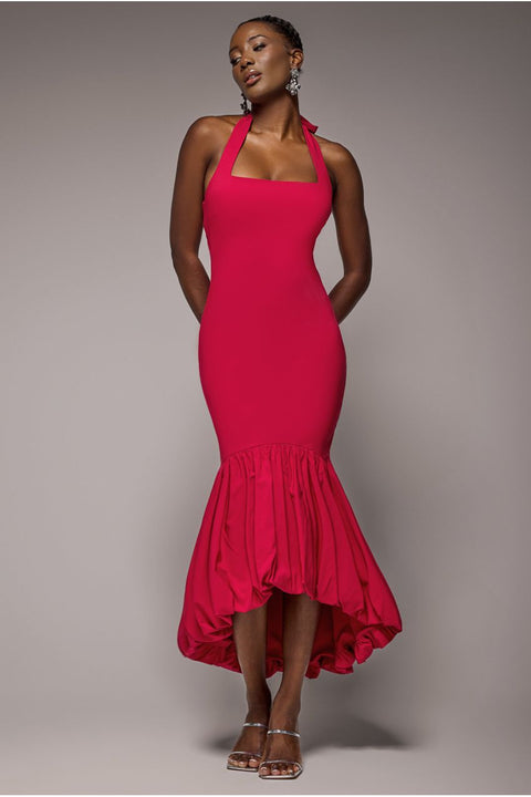 Halter Neck Puff Hem Mermaid Midaxi Dress - Red by Goddiva