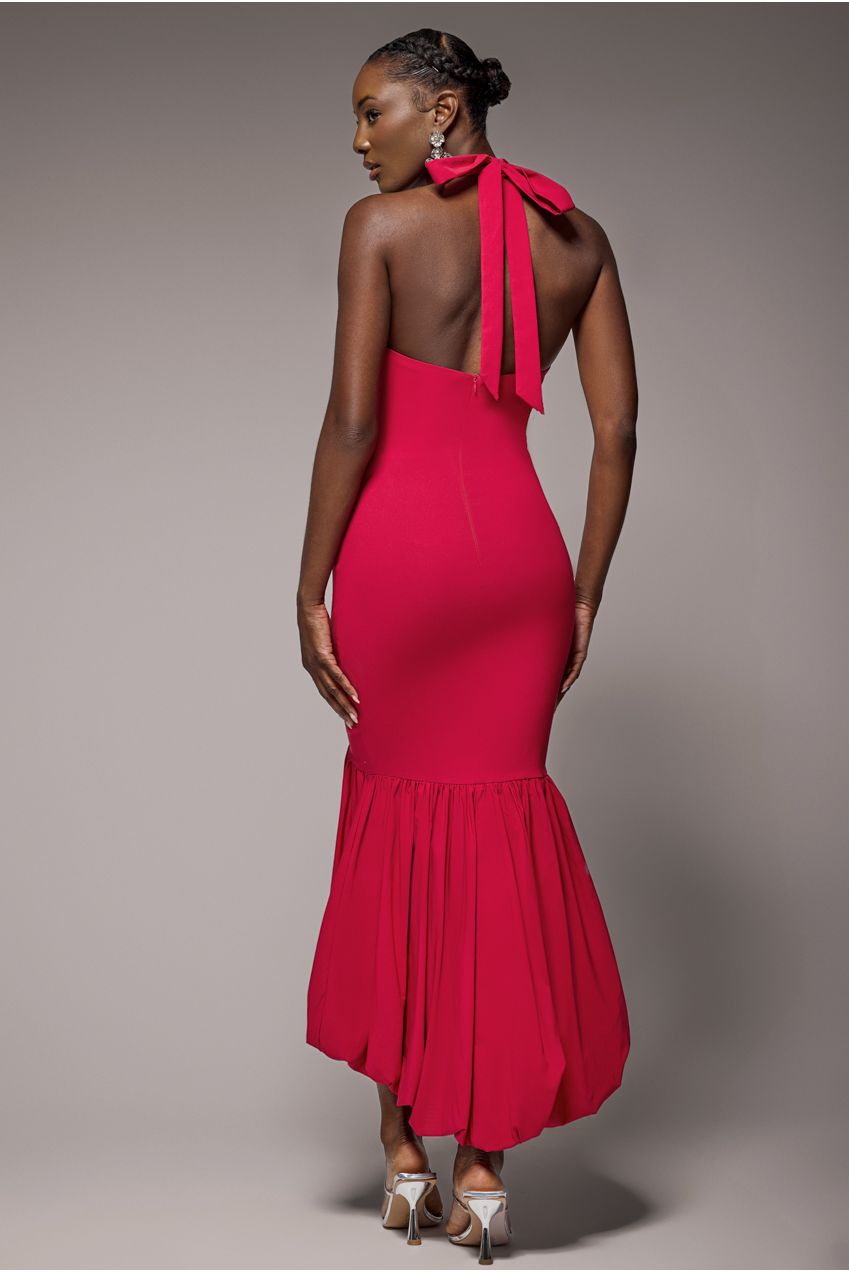 Halter Neck Puff Hem Mermaid Midaxi Dress - Red DR4747