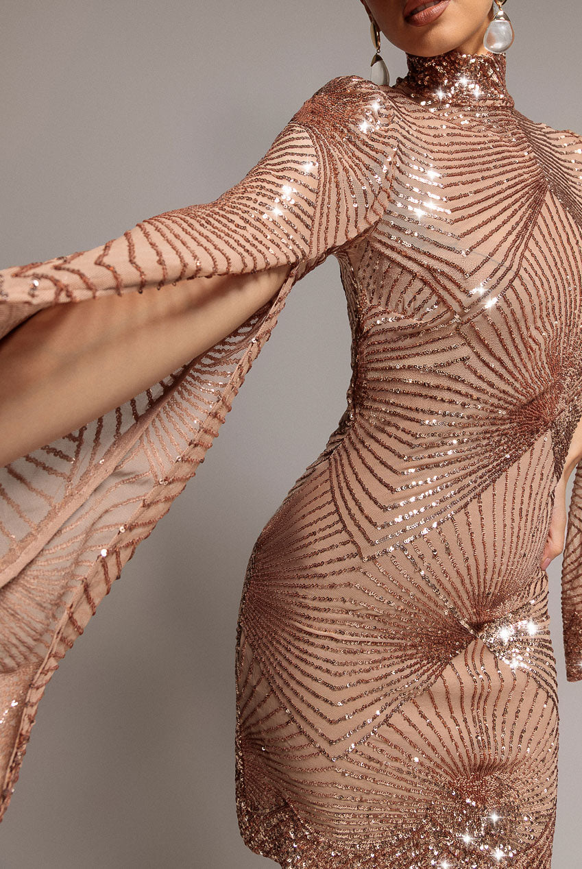 Sequin Starburst Cape Sleeve Mini Dress - Champagne DR4748