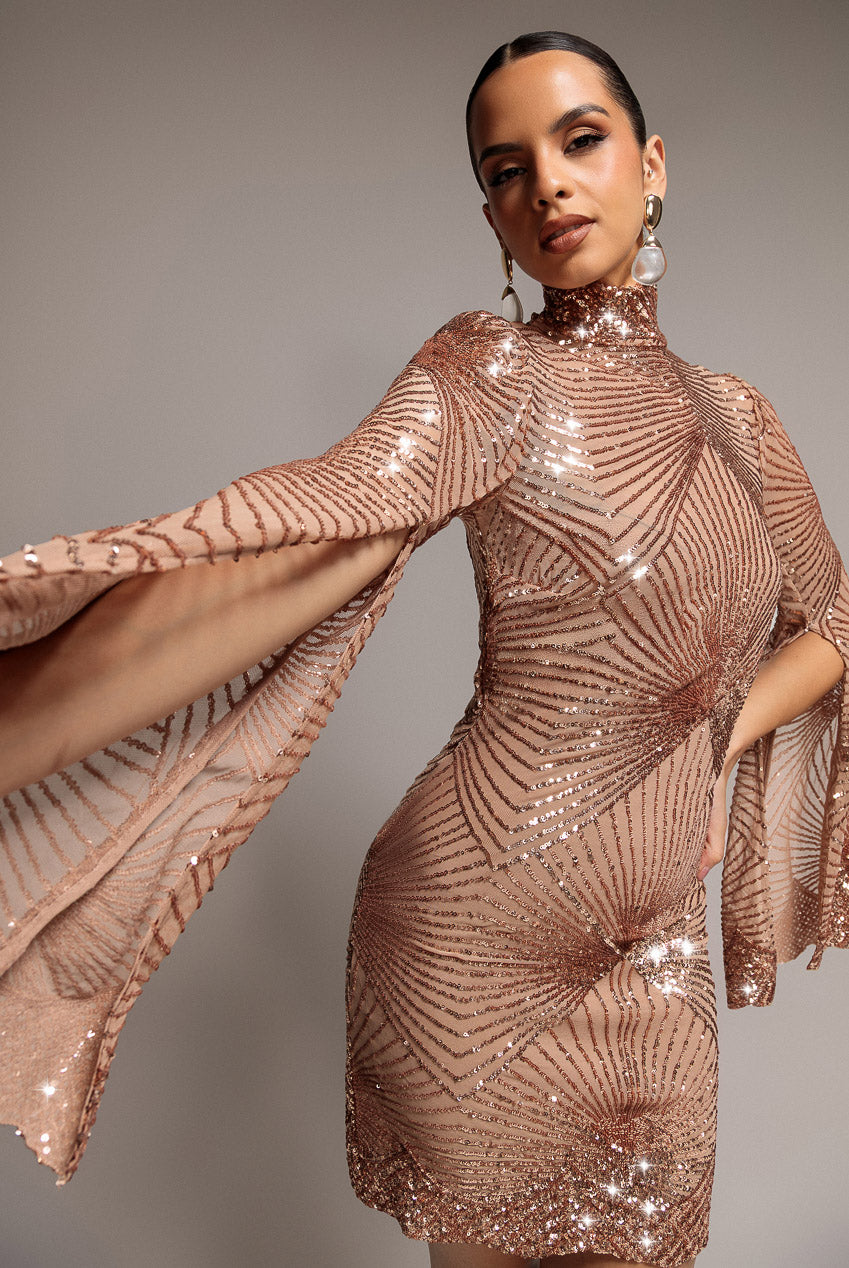 Sequin Starburst Cape Sleeve Mini Dress - Champagne DR4748