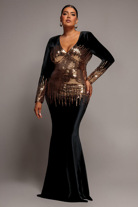 V Neck Ombre Sequin Velvet Maxi Dress - Black by Goddiva Plus