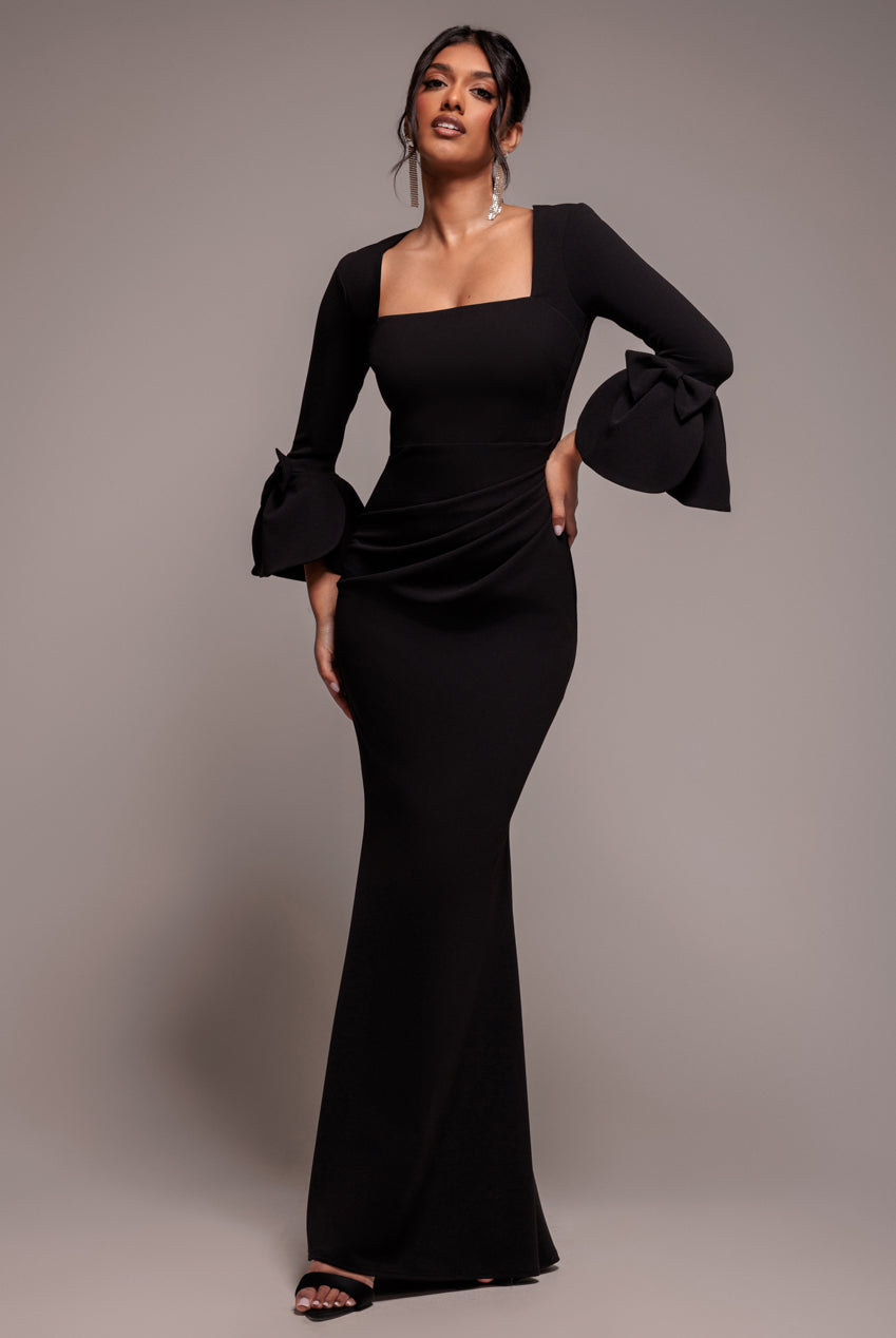 Petal Bow Sleeve Frill Maxi Dress - Black DR4767