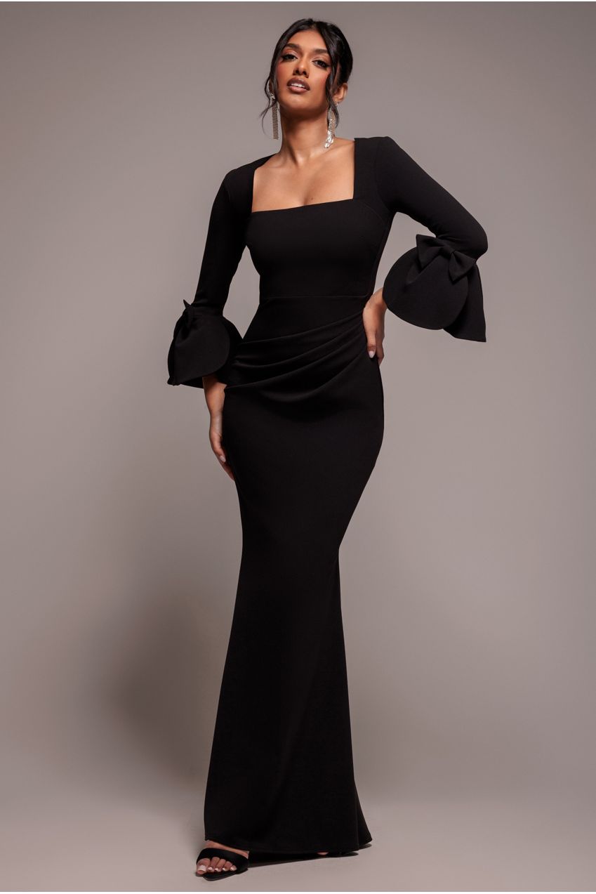Petal Bow Sleeve Frill Maxi Dress - Black DR4767