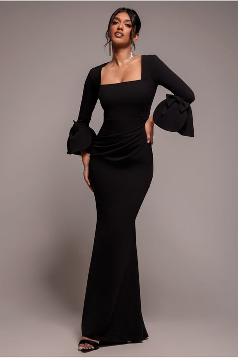 Petal Bow Sleeve Frill Maxi Dress - Black by Goddiva