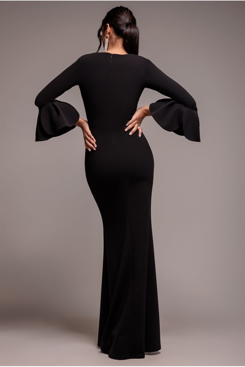 Petal Bow Sleeve Frill Maxi Dress - Black DR4767
