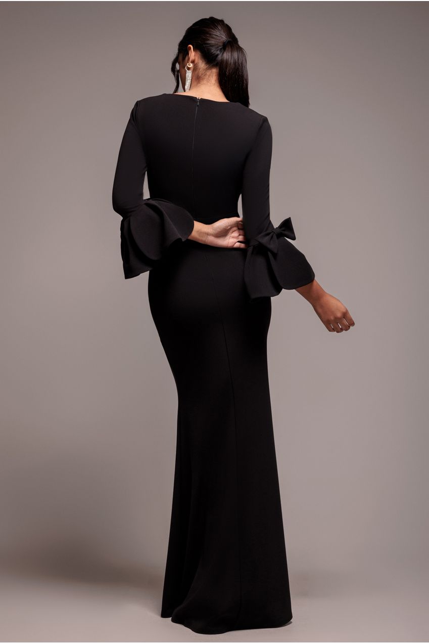 Petal Bow Sleeve Frill Maxi Dress - Black DR4767