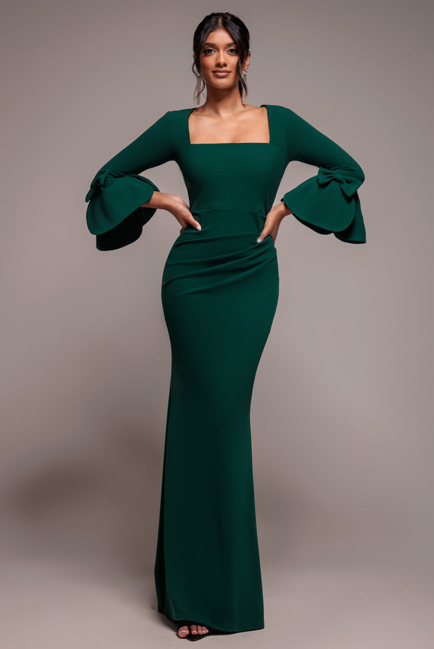 Petal Bow Sleeve Frill Maxi Dress - Emerald Green DR4767